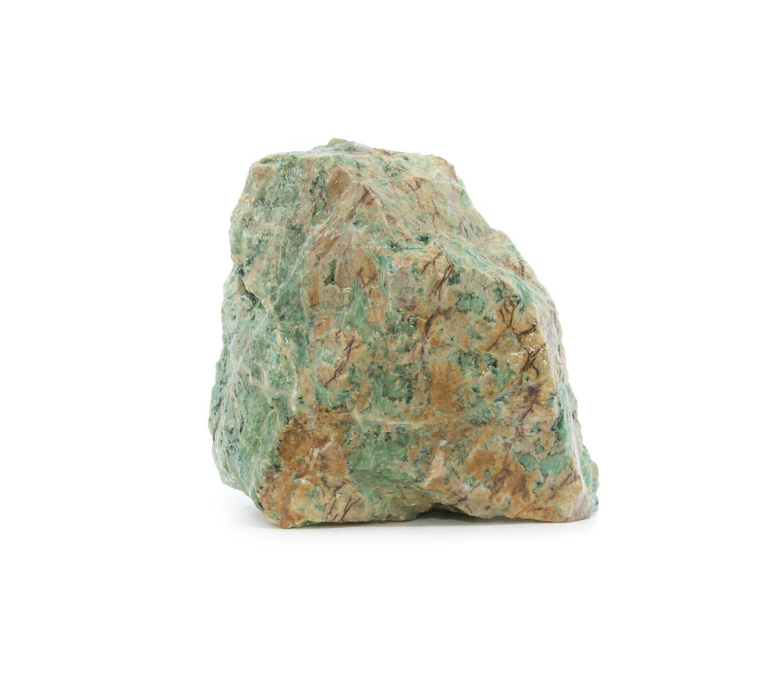 Garnierit Rohstein, weisser Hintergrund. grünem Stein mit Braunen Einschlüssen
